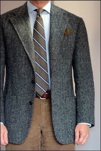 Brown Horizontal Striped Tie Outfits For Men: Pairing a charcoal herringbone wool blazer and a brown horizontal striped tie is a fail-safe way to breathe personality into your styling lineup.