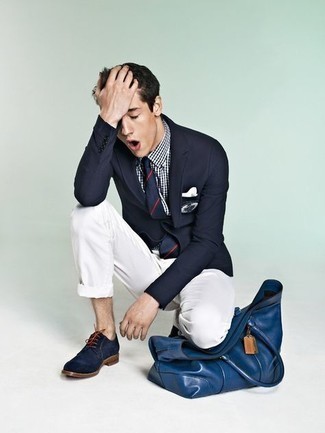 Men's Navy Embroidered Blazer, White and Navy Gingham Dress Shirt, White Chinos, Navy Suede Derby Shoes