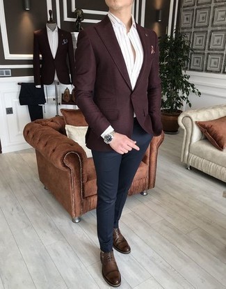 Brown Print Pocket Square Outfits: This is solid proof that a burgundy blazer and a brown print pocket square are awesome when teamed together in a bold casual look. Introduce dark brown leather oxford shoes to the mix to instantly change up the outfit.