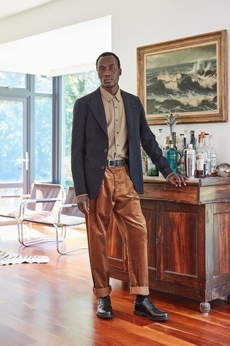 Tobacco Corduroy Chinos Outfits: You'll be surprised at how extremely easy it is for any gentleman to get dressed like this. Just a navy blazer matched with tobacco corduroy chinos. You know how to lift up this ensemble: black chunky leather derby shoes.