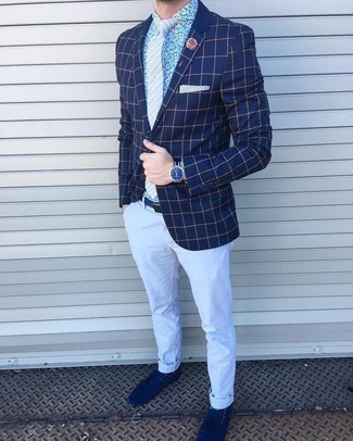 Men's Navy Check Blazer, White and Blue Floral Dress Shirt, Light Blue Chinos, Navy Suede Tassel Loafers