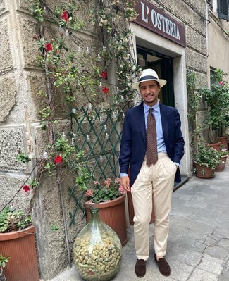 White Straw Hat Outfits For Men: A navy blazer and a white straw hat worn together are a sartorial dream for guys who love casual and cool combinations. If you want to immediately ramp up this look with a pair of shoes, why not complement your getup with dark brown suede loafers?