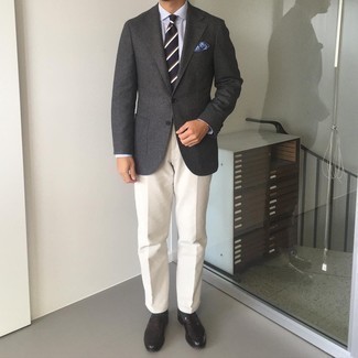White Chinos Outfits: Putting together a charcoal wool blazer with white chinos is an on-point pick for an effortlessly sophisticated menswear style. Introduce dark brown leather loafers to your ensemble to easily step up the classy factor of any ensemble.