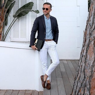 Men's Navy Blazer, Light Blue Chambray Dress Shirt, White Vertical Striped Chinos, Dark Brown Leather Driving Shoes