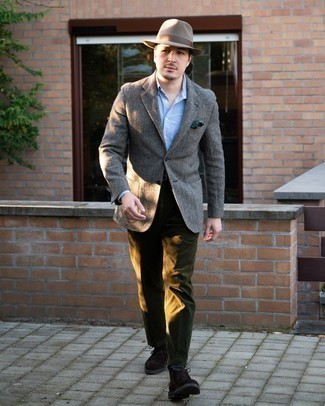 Grey Blazer Smart Casual Outfits For Men: Such must-haves as a grey blazer and olive corduroy chinos are an easy way to inject a hint of rugged sophistication into your day-to-day casual collection. Our favorite of a variety of ways to round off this getup is with dark brown suede desert boots.