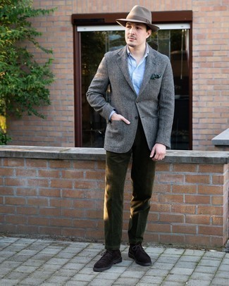 Grey Herringbone Wool Blazer Outfits For Men: This is indisputable proof that a grey herringbone wool blazer and olive corduroy chinos look amazing when worn together. We're totally digging how this whole look comes together thanks to dark brown suede desert boots.