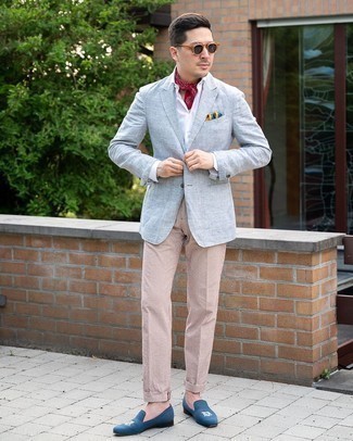 Blazer Outfits For Men: For an outfit that's casually classic and envy-worthy, team a blazer with pink vertical striped chinos. Finishing off with navy embroidered canvas loafers is an effortless way to introduce a bit of zing to your look.
