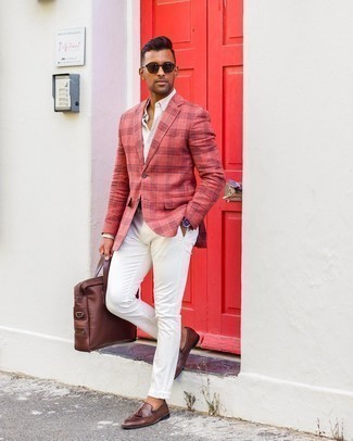 White Chinos Outfits: For something on the smart side, consider wearing a red plaid blazer and white chinos. A trendy pair of dark brown leather tassel loafers is an effective way to bring a sense of elegance to this ensemble.