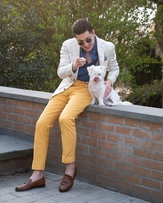 Yellow Chinos Outfits: A white plaid blazer and yellow chinos are absolute staples if you're crafting a classic and casual closet that holds to the highest fashion standards. Kick up this ensemble by rounding off with a pair of dark brown leather loafers.