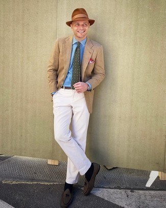 White Chinos Outfits: A tan blazer and white chinos are the kind of a foolproof ensemble that you need when you have no time. Dark brown canvas loafers will infuse an extra touch of style into an otherwise mostly casual ensemble.