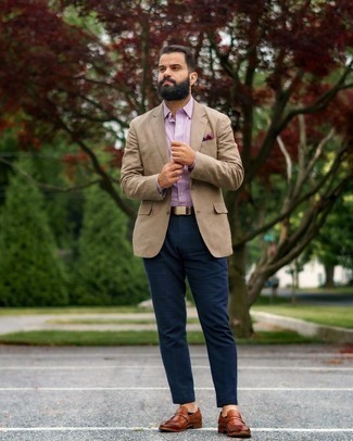Tan Blazer Outfits For Men: This semi-casual combo of a tan blazer and navy check chinos is extremely easy to throw together in seconds time, helping you look awesome and ready for anything without spending too much time going through your wardrobe. And if you wish to instantly smarten up your outfit with a pair of shoes, why not complete your getup with brown leather loafers?