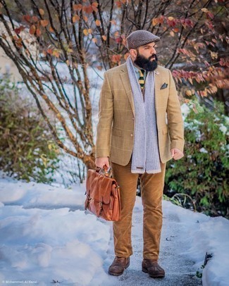 Brown Corduroy Chinos Outfits: The combination of a tan plaid wool blazer and brown corduroy chinos makes for a really well-executed ensemble. A pair of dark brown leather snow boots brings a more dressed-down aesthetic to the look.