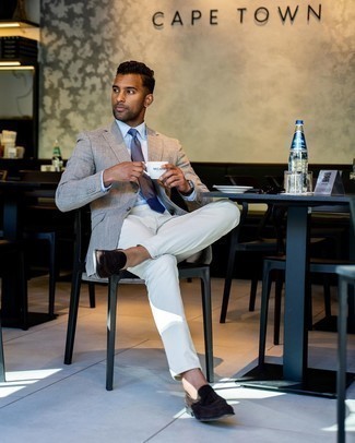 Light Blue Check Tie Outfits For Men: This is definitive proof that a grey plaid blazer and a light blue check tie look amazing when worn together in a classy outfit for a modern dandy. Introduce a pair of dark brown suede tassel loafers to the equation and the whole outfit will come together quite nicely.