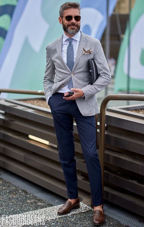 grey blazer navy pants brown shoes