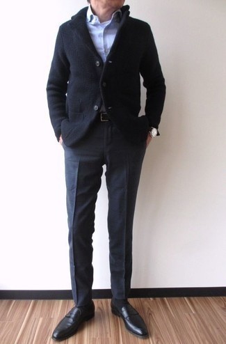 Navy Knit Blazer Outfits For Men: You'll be amazed at how easy it is to put together this sophisticated ensemble. Just a navy knit blazer paired with navy check dress pants. Complement your outfit with a pair of black leather loafers et voila, the ensemble is complete.