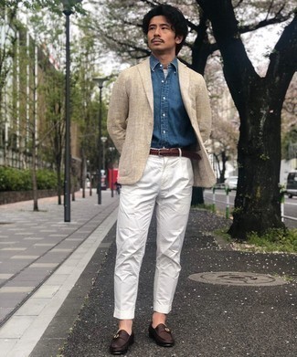 Beige Herringbone Blazer Outfits For Men: A beige herringbone blazer looks so classy when paired with white dress pants. If in doubt as to the footwear, complete this ensemble with a pair of dark brown leather monks.