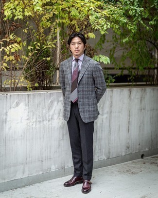 Grey Plaid Wool Blazer Outfits For Men: Combining a grey plaid wool blazer with charcoal dress pants is a good choice for a sharp and classy outfit. A pair of burgundy leather monks rounds off this outfit very well.