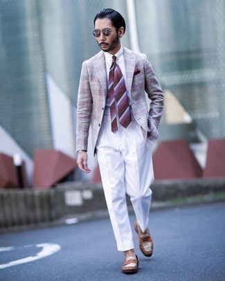 Burgundy Pocket Square Dressy Outfits: A grey plaid wool blazer and a burgundy pocket square are the kind of a foolproof casual combination that you so desperately need when you have no extra time to spare. Inject this look with a touch of sophistication by rounding off with a pair of brown leather loafers.