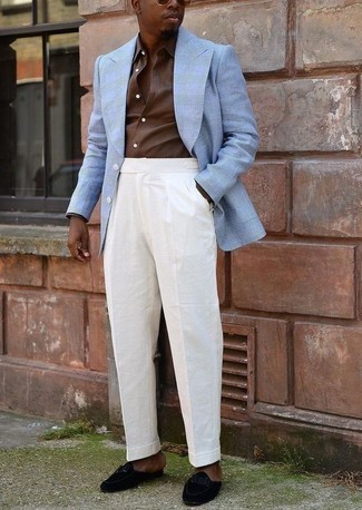 Black Suede Tassel Loafers Outfits: For a look that's sophisticated and GQ-worthy, wear a light blue plaid blazer with white linen dress pants. A great pair of black suede tassel loafers pulls this ensemble together.