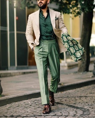 Dark Brown Leather Tassel Loafers Outfits: For rugged elegance with a modern take, you can opt for a beige blazer and green dress pants. Dark brown leather tassel loafers are a safe footwear style here that's also full of character.