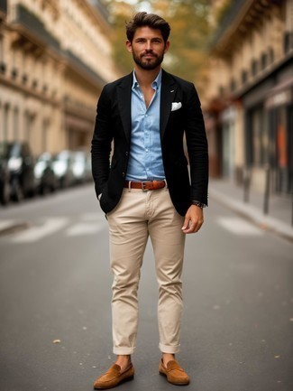 Blazer Outfit Black Blazer Blue Shirt Khaki Pants Denim Grey