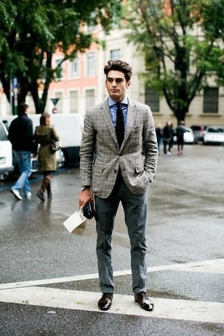 trekant Sløset Afskedige Dark Brown Leather Oxford Shoes with Grey Check Blazer Outfits (5 ideas &  outfits) | Lookastic