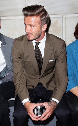 David Beckham wearing Brown Blazer, White Dress Shirt, Navy Dress Pants, Dark Brown Polka Dot Tie