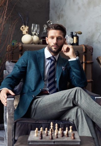 Navy and White Vertical Striped Tie Outfits For Men: Putting together a teal blazer with a navy and white vertical striped tie is a smart idea for a classic and classy look.