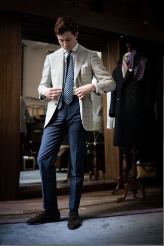 Navy and Green Plaid Tie Outfits For Men: Opt for a beige plaid blazer and a navy and green plaid tie - this look is bound to make an entrance. Our favorite of a countless number of ways to finish off this ensemble is with a pair of dark brown suede tassel loafers.