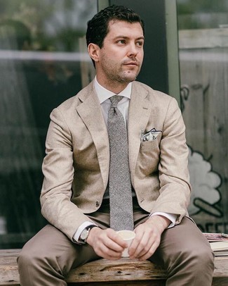 Tan Pocket Square Outfits: A beige blazer and a tan pocket square are great menswear items to add to your daily casual wardrobe.