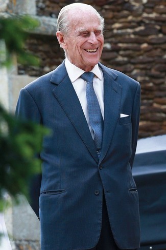 Prince Philip wearing Teal Blazer, White Dress Shirt, Black Dress Pants, Blue Print Tie