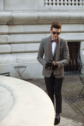 Brown Polka Dot Scarf Outfits For Men: This off-duty pairing of a grey wool blazer and a brown polka dot scarf is a life saver when you need to look stylish in a flash. Clueless about how to finish your getup? Rock black suede loafers to spruce it up.