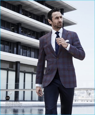 Dark Purple Plaid Blazer Outfits For Men: Irrefutable proof that a dark purple plaid blazer and navy dress pants are awesome together in a polished look for a modern gentleman.
