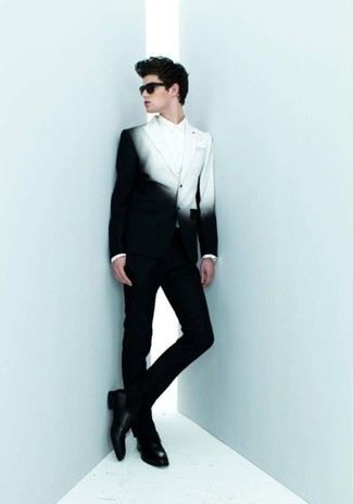 Black and White Ombre Blazer Outfits For Men: Consider pairing a black and white ombre blazer with black dress pants for a neat classy outfit. Introduce a pair of black leather double monks to your look and ta-da: the ensemble is complete.
