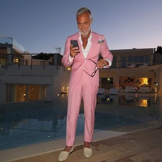 Gianluca Vacchi wearing Pink Blazer, White Dress Shirt, Pink Dress Pants, Beige Suede Loafers