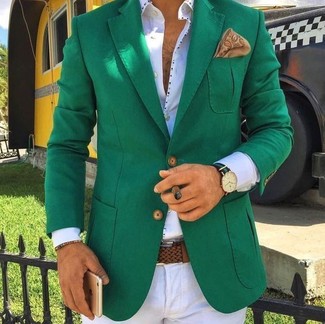 Men's Green Blazer, White Dress Shirt, White Dress Pants, Tan Print Pocket Square