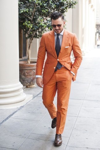 Men's Orange Blazer, Light Blue Vertical Striped Dress Shirt, Orange Dress Pants, Dark Brown Leather Brogues