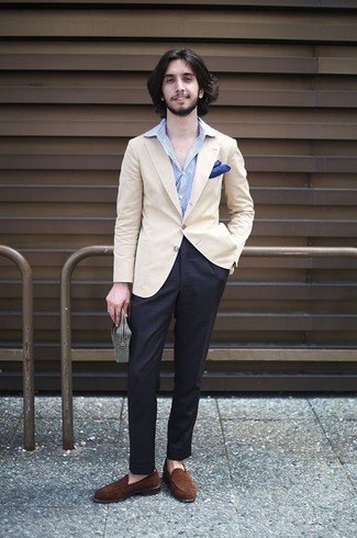 Beige Blazer with Loafers Outfits For Men In Their 20s: A beige blazer and black dress pants are among the key elements of a functional wardrobe. Loafers are a safe footwear style here that's full of character. Wear this ensemble if you want to project a more sophisticated image as a younger man.
