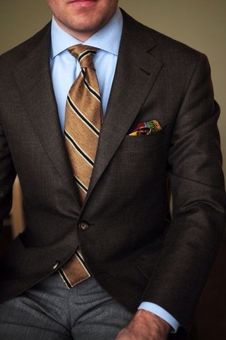 Men's Dark Brown Blazer, Light Blue Dress Shirt, Grey Dress Pants, Brown Vertical Striped Tie