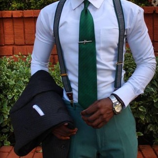 Green Dress Pants with Green Tie Outfits For Men: Marrying a black vertical striped blazer and green dress pants is a surefire way to infuse your styling arsenal with some manly elegance.