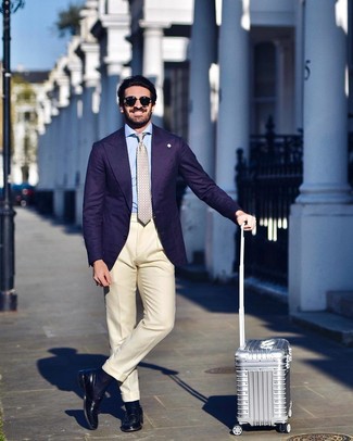 Tan Tie Outfits For Men: This combination of a violet blazer and a tan tie spells sophistication and refinement. And if you want to easily play down your look with one item, introduce a pair of black leather loafers to the equation.