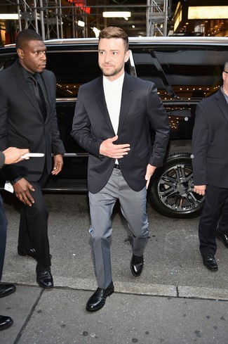Justin Timberlake wearing Black Blazer, White Dress Shirt, Grey Check Dress Pants, Black Embellished Leather Derby Shoes