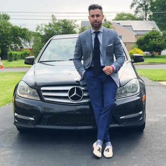 White Leather Loafers Outfits For Men: You're looking at the solid proof that a light blue plaid blazer and navy dress pants look amazing if you pair them together in a refined ensemble for a modern dandy. Complement your ensemble with a pair of white leather loafers and you're all set looking smashing.