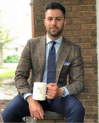 Brown Plaid Blazer with Navy Dress Pants Dressy Outfits For Men: For an ensemble that's absolutely Kingsman-worthy, consider teaming a brown plaid blazer with navy dress pants.