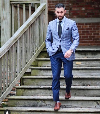 Light Blue Plaid Blazer Outfits For Men: Putting together a light blue plaid blazer and navy dress pants is a guaranteed way to infuse your day-to-day styling collection with some manly elegance. When it comes to footwear, go for something on the classier end of the spectrum by rocking a pair of brown leather oxford shoes.