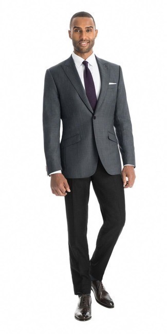 Grey Check Blazer Outfits For Men: To look like a real gent, opt for a grey check blazer and black dress pants. Bump up the wow factor of this look by finishing off with a pair of dark brown leather oxford shoes.