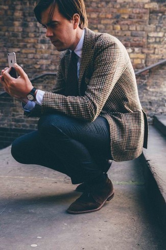 Blue Leather Watch Outfits For Men: For a casual look, try pairing a brown houndstooth blazer with a blue leather watch — these two items fit really great together. And if you wish to instantly level up this look with one item, add dark brown suede desert boots to the mix.