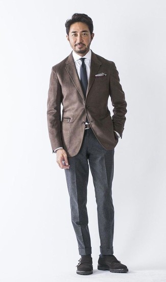 Dark Brown Blazer Outfits For Men: Marrying a dark brown blazer and charcoal wool dress pants is a surefire way to inject your styling lineup with some rugged elegance. For maximum impact, complement this ensemble with black suede double monks.