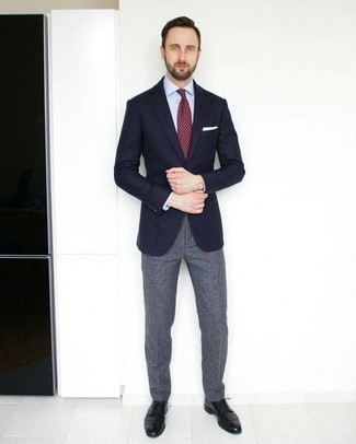 Charcoal Wool Dress Pants Summer Outfits For Men: Make women swoon in a navy blazer and charcoal wool dress pants. Black leather derby shoes will be the perfect addition for your outfit. This here is hard proof that one actually can survive the sweltering heat and look fresh and clean while doing so.