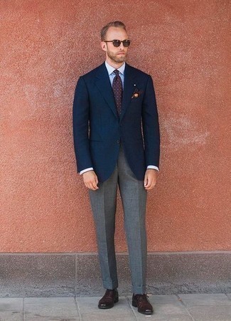 Burgundy Leather Oxford Shoes Outfits: For a look that's nothing less than gasp-worthy, go for a navy blazer and grey dress pants. Complete this ensemble with burgundy leather oxford shoes et voila, your getup is complete.